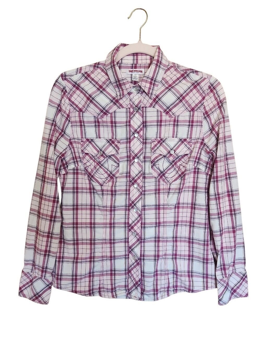 TRUE RELIGION WESTERN PLAID TRIPLE STITCH PEARL BUTTON SHIRT PINK PURPLE MEDIUM